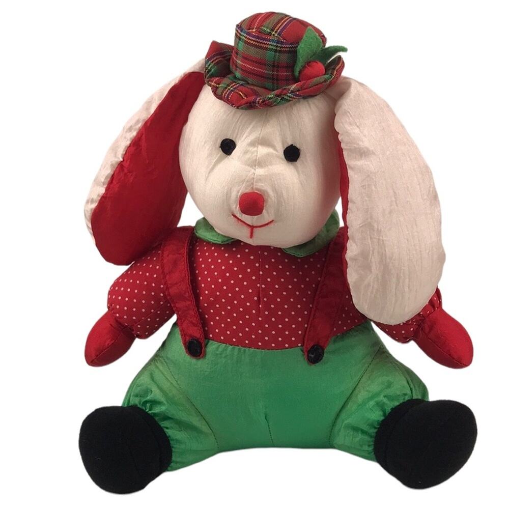 Vtg Nylon Christmas Rabbit Plush 9.5'' Bunny Carlmax Co Parachute Stuffed Animal